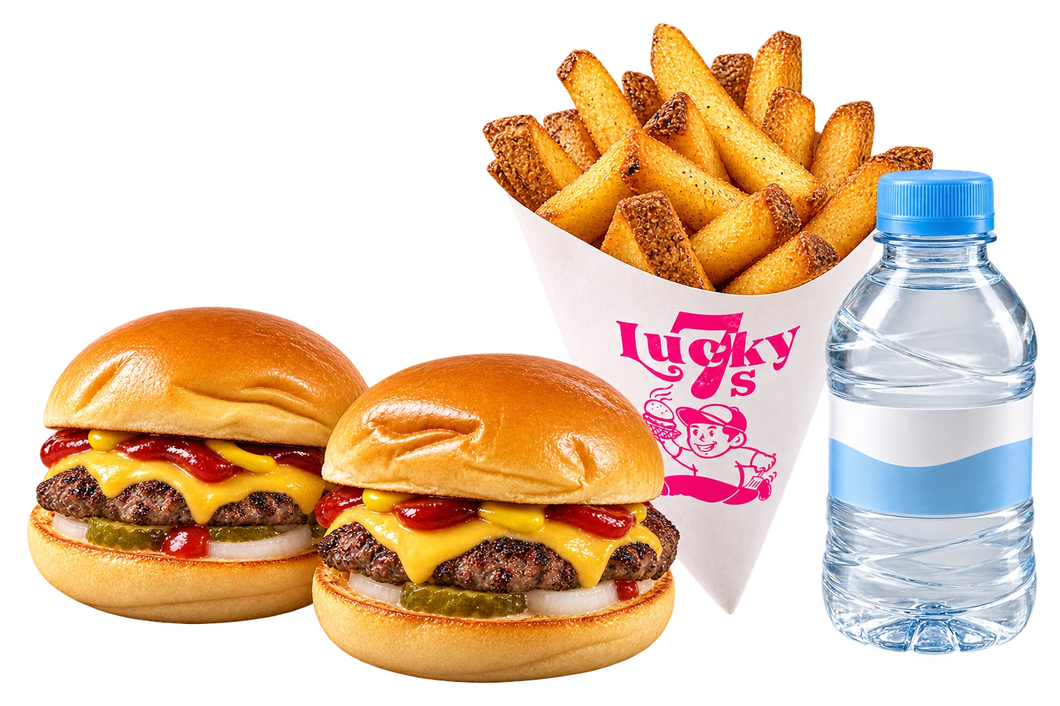 Illustrative mini burger meal with fries and water